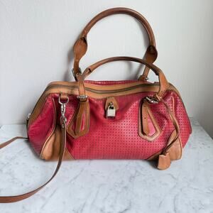 Vtg Sundance Perforated Leather Satchel Shoulder Bag Made in Italy Red & Tan Y2K